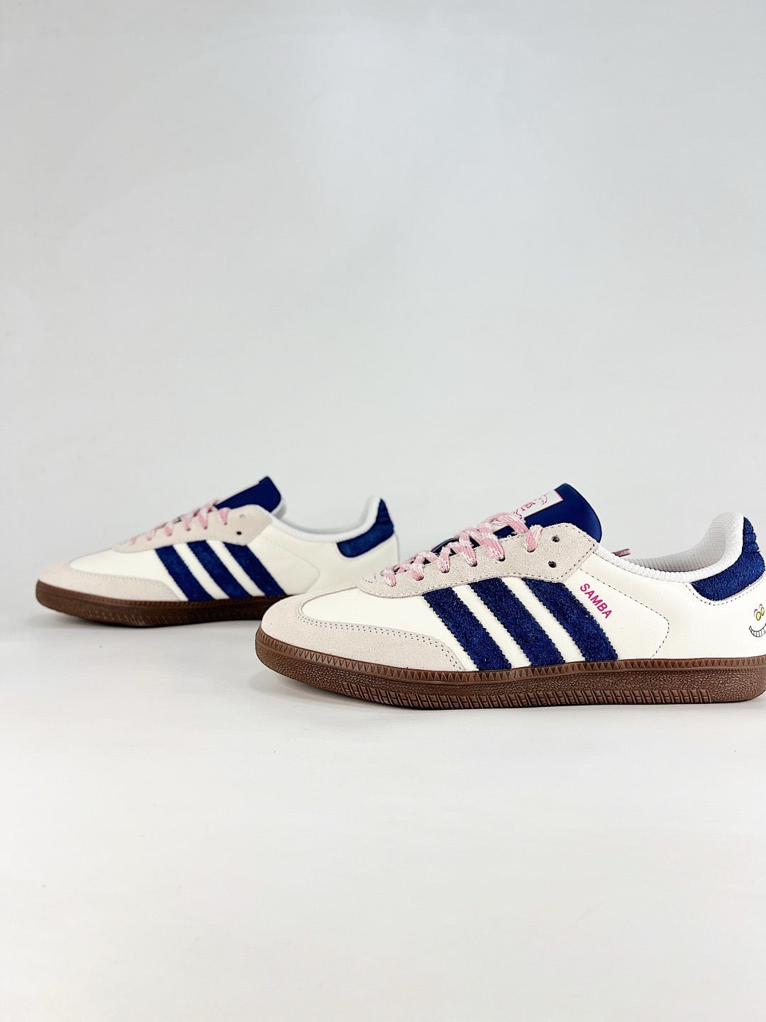 adidas Samba OG Smile Face Sneakers, Off White Navy Blue Unisex Casual Shoes
