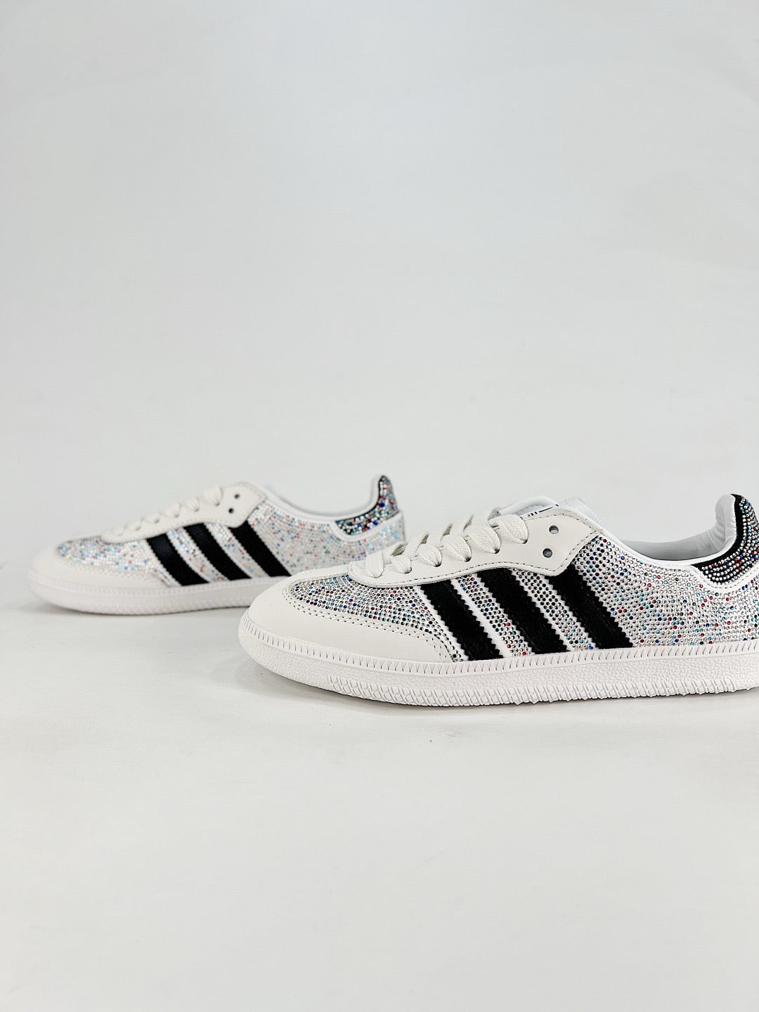 Adidas Samba Low Top Casual Sneakers Unisex White Base Full AB Rhinestone + Black Stripes