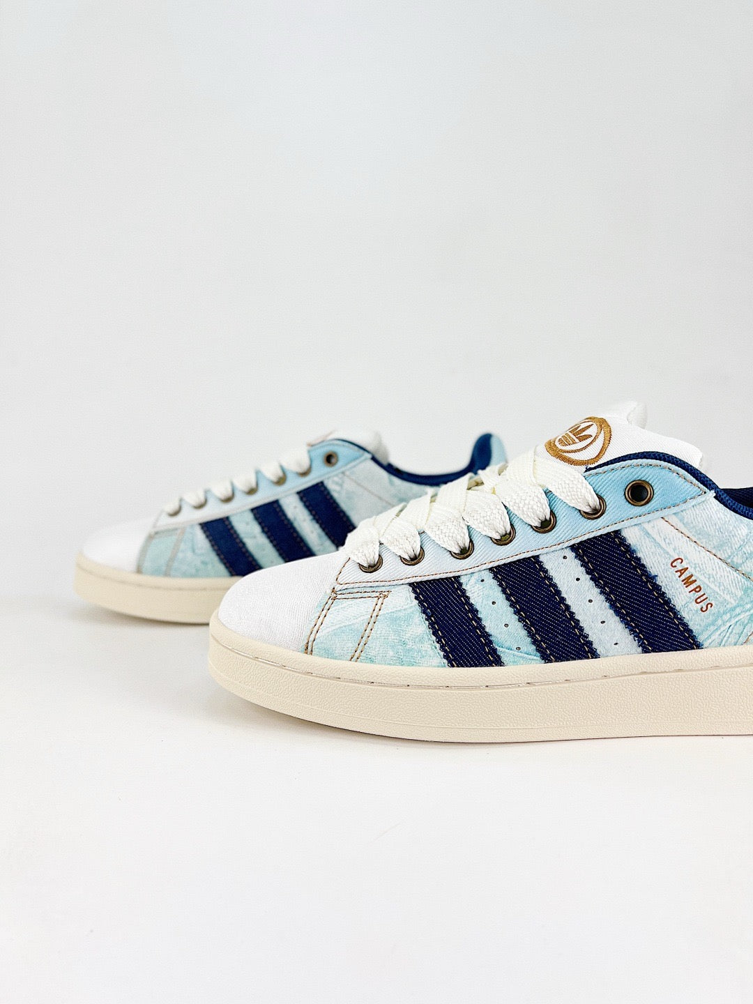 Adidas Campus 00s Unisex Sneakers Light Washed Denim Print Navy Stripes Cream Midsole
