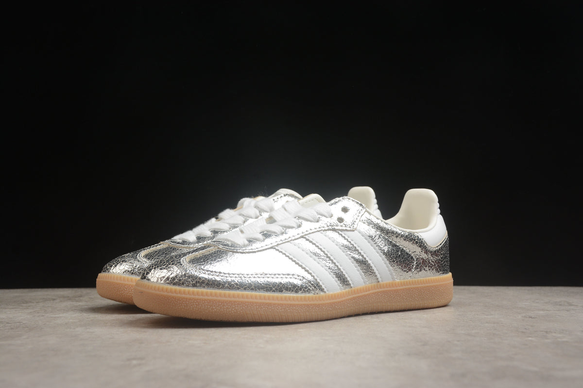 adidas Samba OG Unisex Retro Sneakers Cracked Metallic Silver Upper